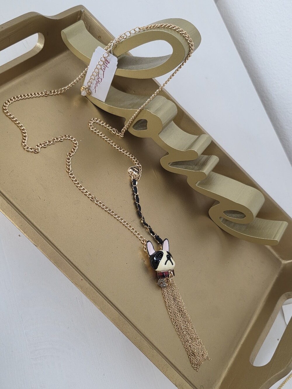 Betsey Johnson Gold-tone French Bulldog Pendant Necklace with Tassel